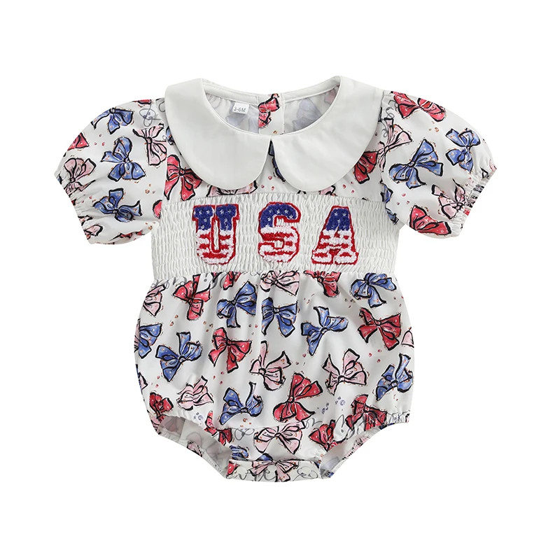 

Комбинезон для маленьких девочек 0-18 месяцев, летние комбинезоны с бантом и буквенным узором на День независимости, кукольный воротник с короткими рукавами и копченостями