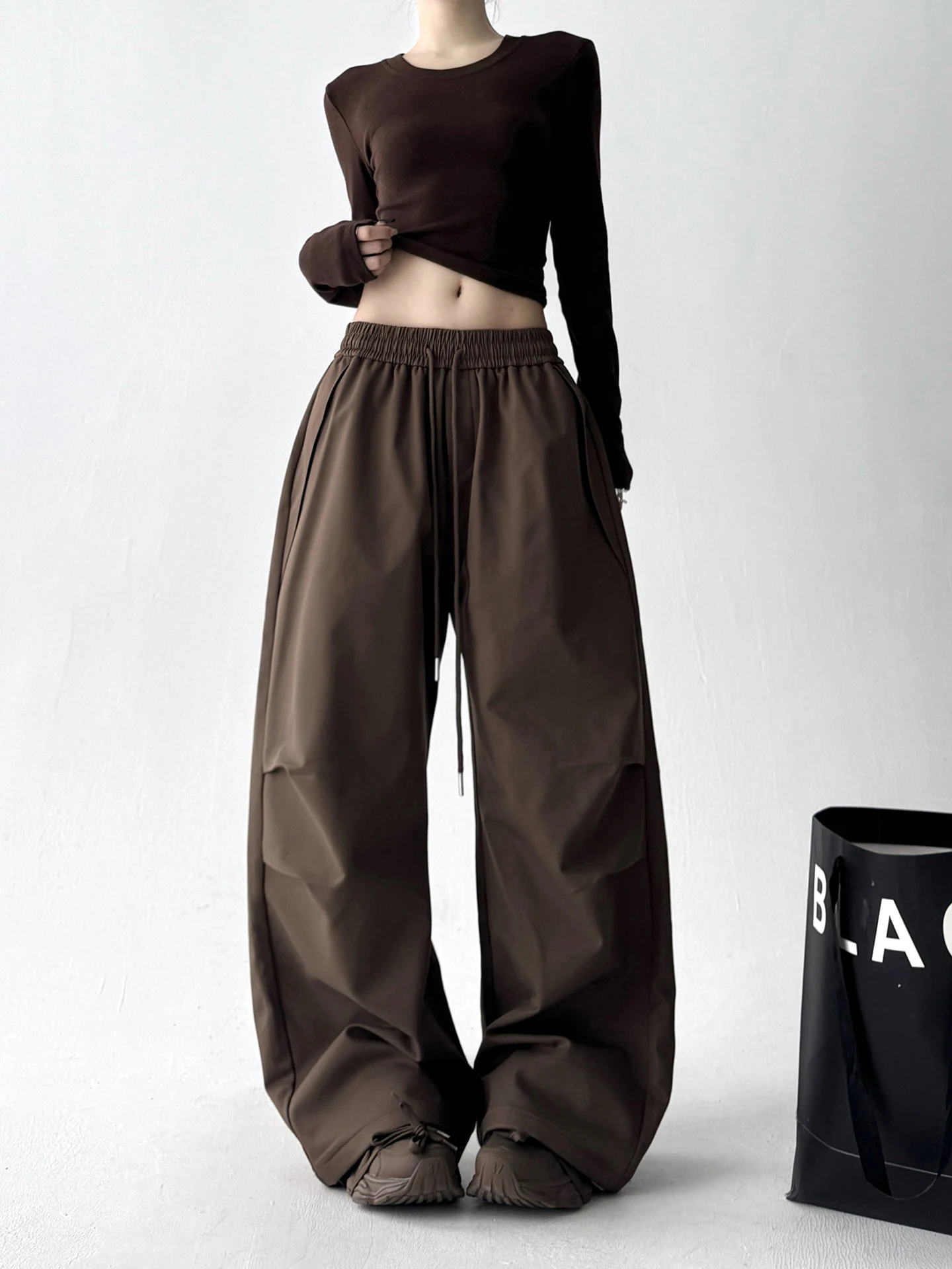 Thiened Fce واسعة الساق الأمريكية الرجعية Sle المرأة سراويل تقليدية فضفاضة مستقيمة مظلة الجندي السراويل عالية الخصر البوليستر... #3