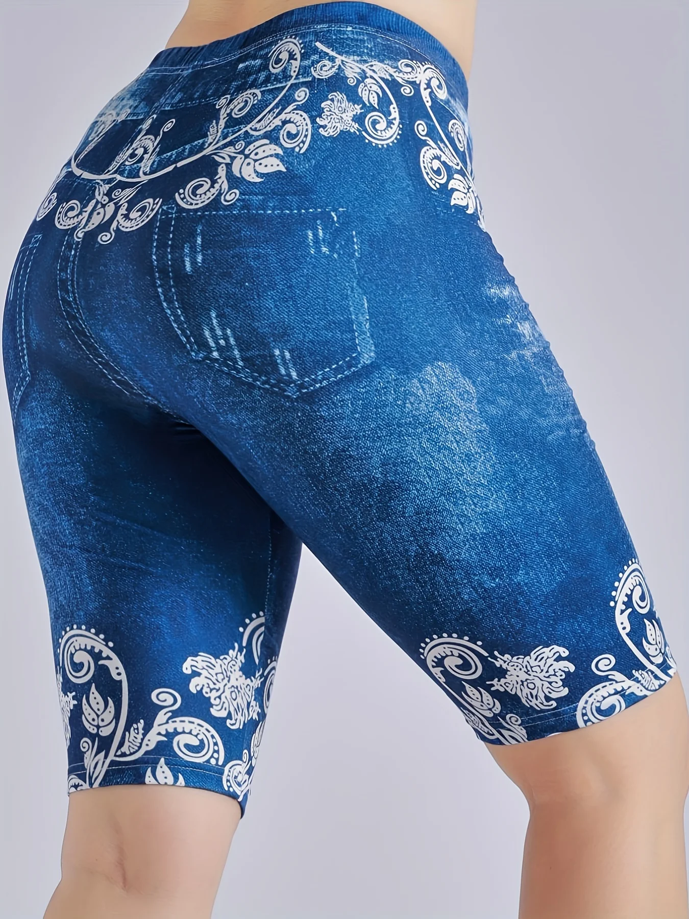 3 Piece Set Of Lmitation Denim Leggings For Women Butterfly Waist Fruit Flower Elastic Shorts High Waist Casual