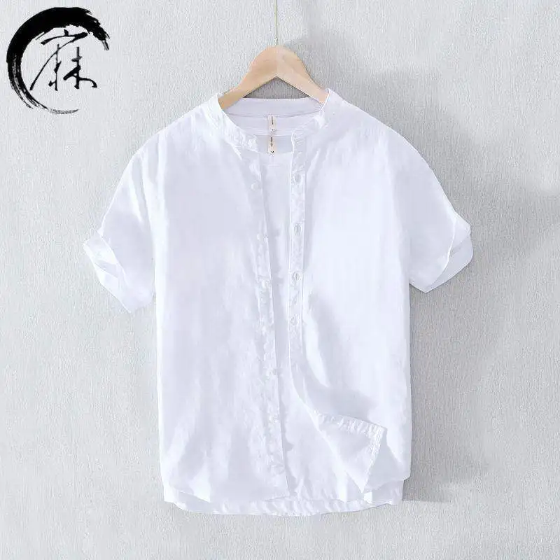 

Casual Lightweight Short Sleeve Linen Shirt Men's Half Sleeve Summer Cotton Linen Loose Fit Shirt Short Sleeve Shirt