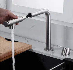 Grifo de cocina extraíble, rociador de elevación oculta, telescópico, giratorio 360, mezclador de agua fría y caliente, doble orificio dividido