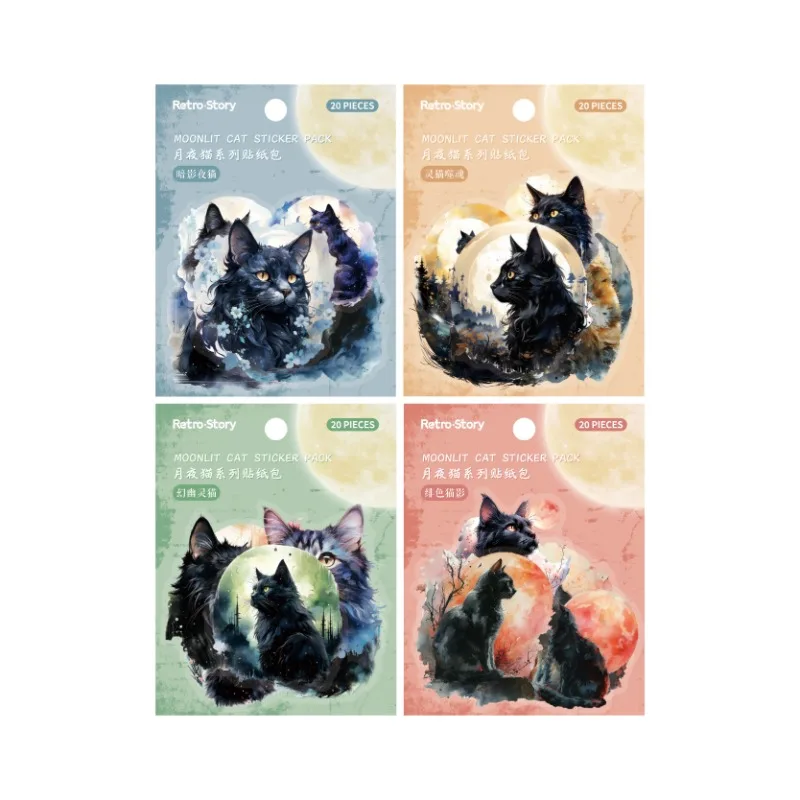 20Sheets PET Sticker Pack moon night cat dark cat handbook Decoration School Supplies  Scrapbook cut Writing 110*95mm