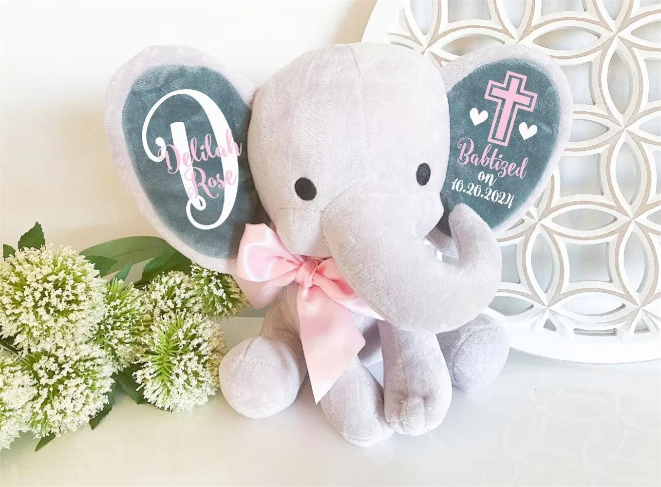 

Baby Girl Baptism Elephant Keepsake - Christening Gift From Godparents - Personalized Baby Gift - Blessing Gift With Name - Mono