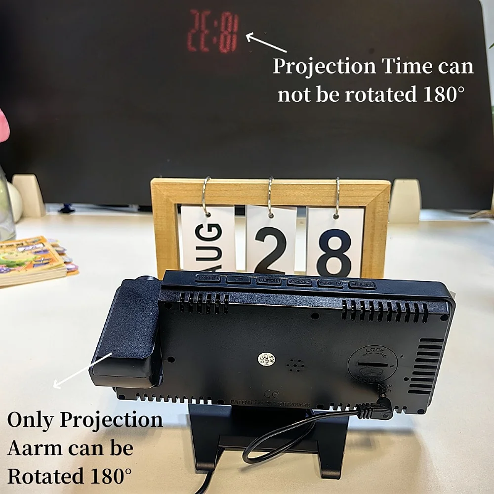 180° Arm Projection Digital Alarm Clock Temperature Humidity Night Mode Snooze 12/24H USB Powered Projector Table LED Clock