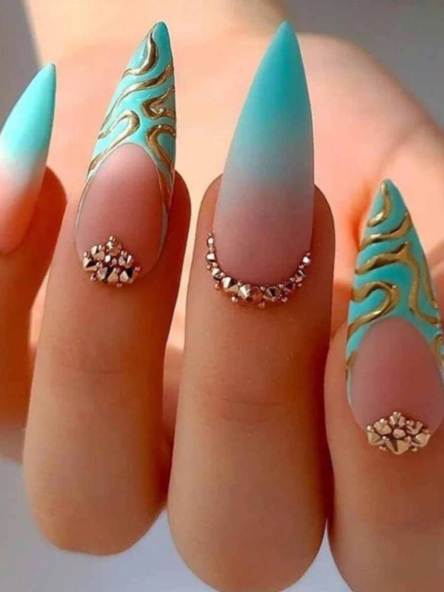 24 pièces mi-longue amande couverture complète pointe d'ongle bleu dégradé conception faux ongles ligne dorée strass réutilisable presse sur faux ongles