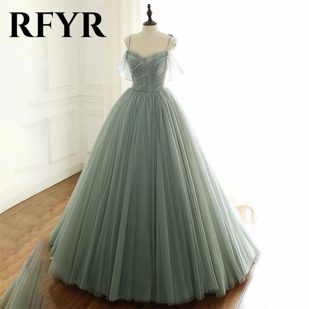 

RFYR Green A-line Evening Dress Corset Off The Shoulder Sweetheart Tulle Prom Dress with Pleats فساتين الحفلات Long Party Dress