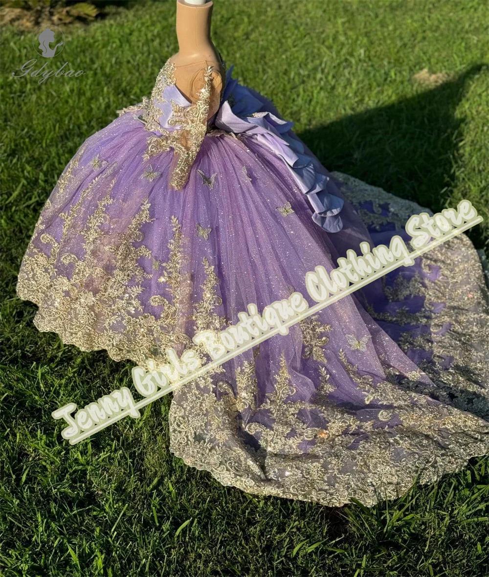 Abito da principessa per ragazza color lavanda, applicazioni in pizzo biondo, soffice fiocco grande, lungo trail, abito da damigella d'onore per matrimonio, prima comunione