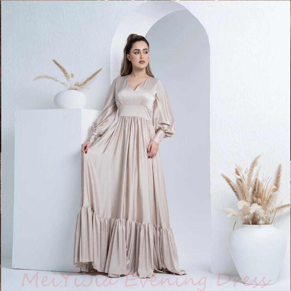 Meiyijia V-Neck Pleats A-Line Zipper-Up Long-Sleeves Floor-Length فستانسهرة Arabia Sexy Evening Birthday Club Outfits Summer2024