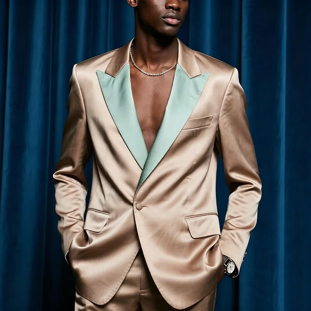 Elegant Satin Suits for Men Two-piece Set One Button Peak Lapel Summer Comfortable Casual Male Tuxedos for Casual Beach Party
