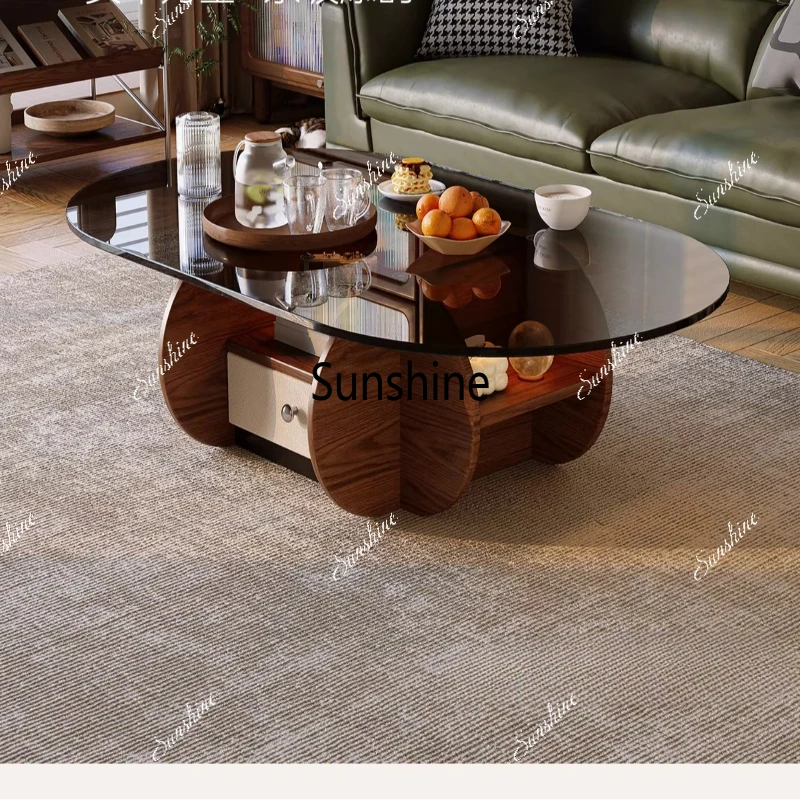 

Small and niche oval solid wood coffee table glass low table with medieval design