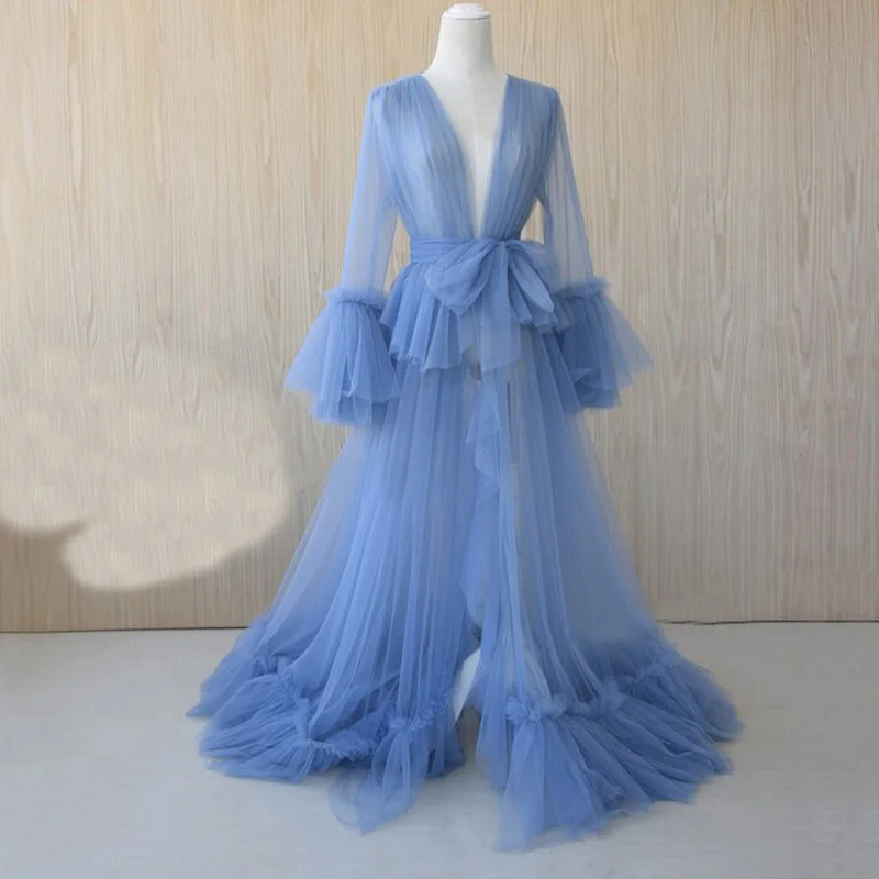 

Blue Sheer tulle formal evening dresses Robe dress For Maternity Photography Women See-through sexy lingerie Gown