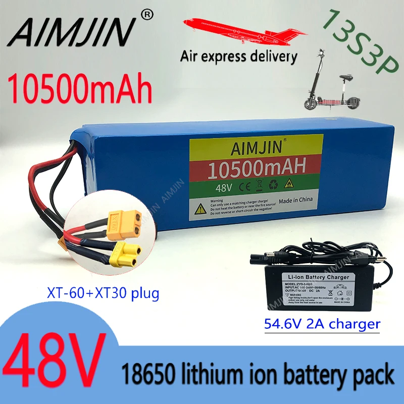 

13S3P48V Battery10.5Ah Li-Ion Battery Pack with 1000W BMS for 54.6V E-bike Electric Bicycle Scooter+54.6V Charger XT60 XT30 Plug