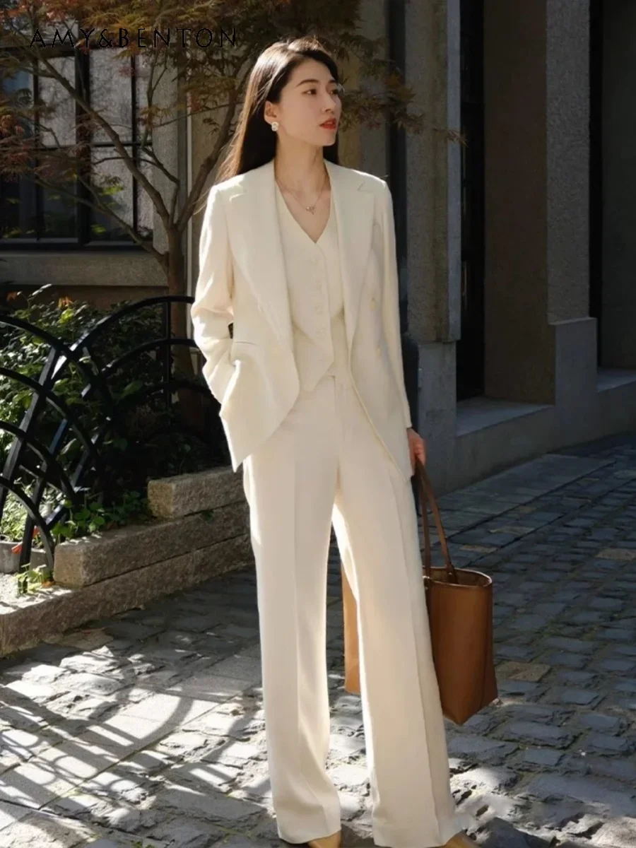 

High-Grade Socialite Ladies Outfits Autumn Winter New Elegant White Jackets + V-neck Slim Vest + Wide-Leg Pants Three-Piece Sets