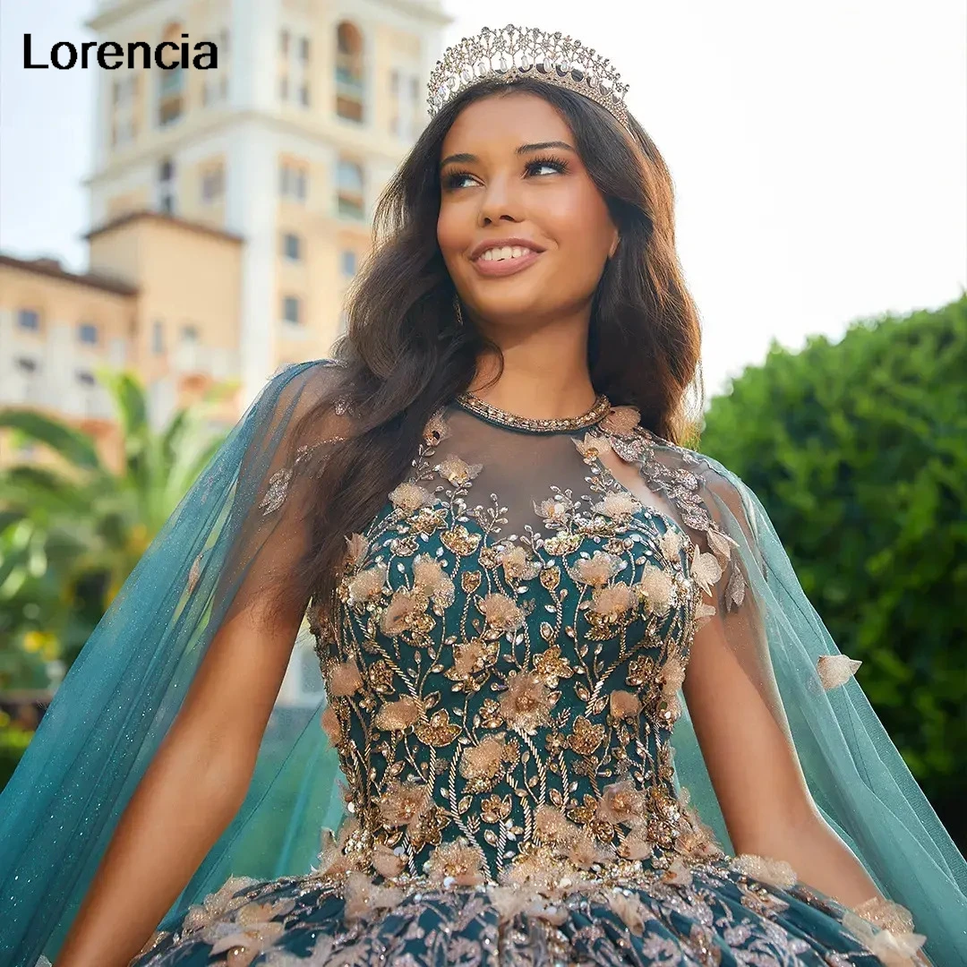 ที่กําหนดเองสีเขียว Quinceanera Ball Gown ทอง 3D ดอกไม้ Applique Beading Cape Corset หวาน 16 Vestidos De 15 Años YQD789