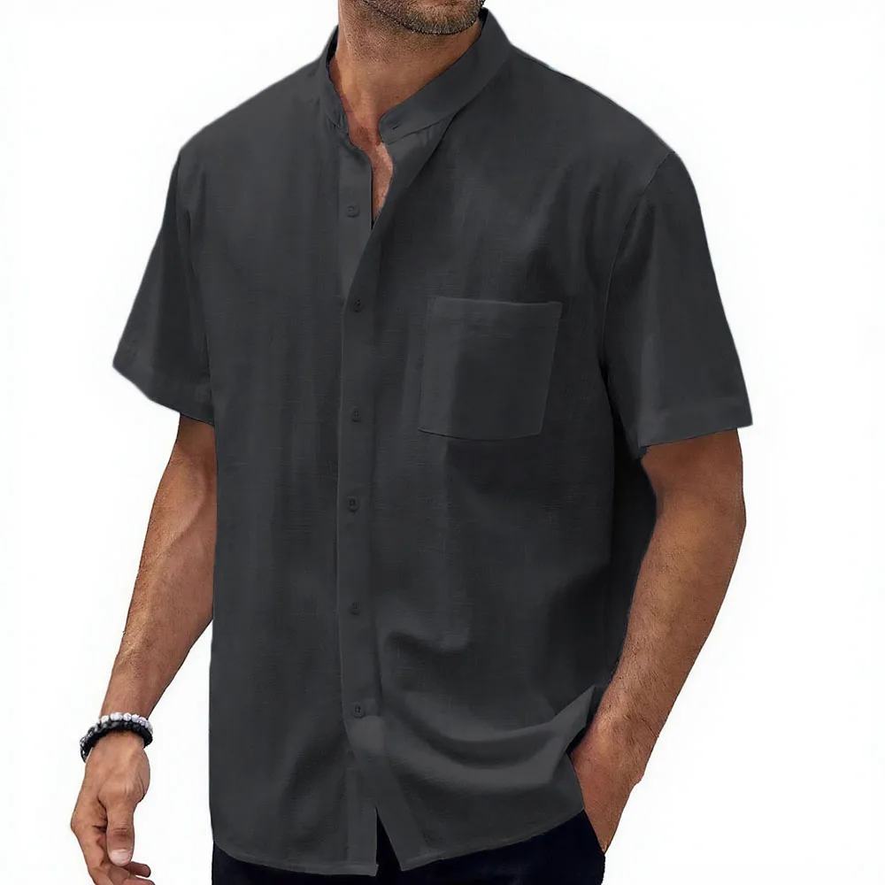 Men's Short Sleeve Shirts Henley Neck Single Breasted Solid Color Casual Shirt Lightweight Cotton Linen Classic Male Cozy Tops
