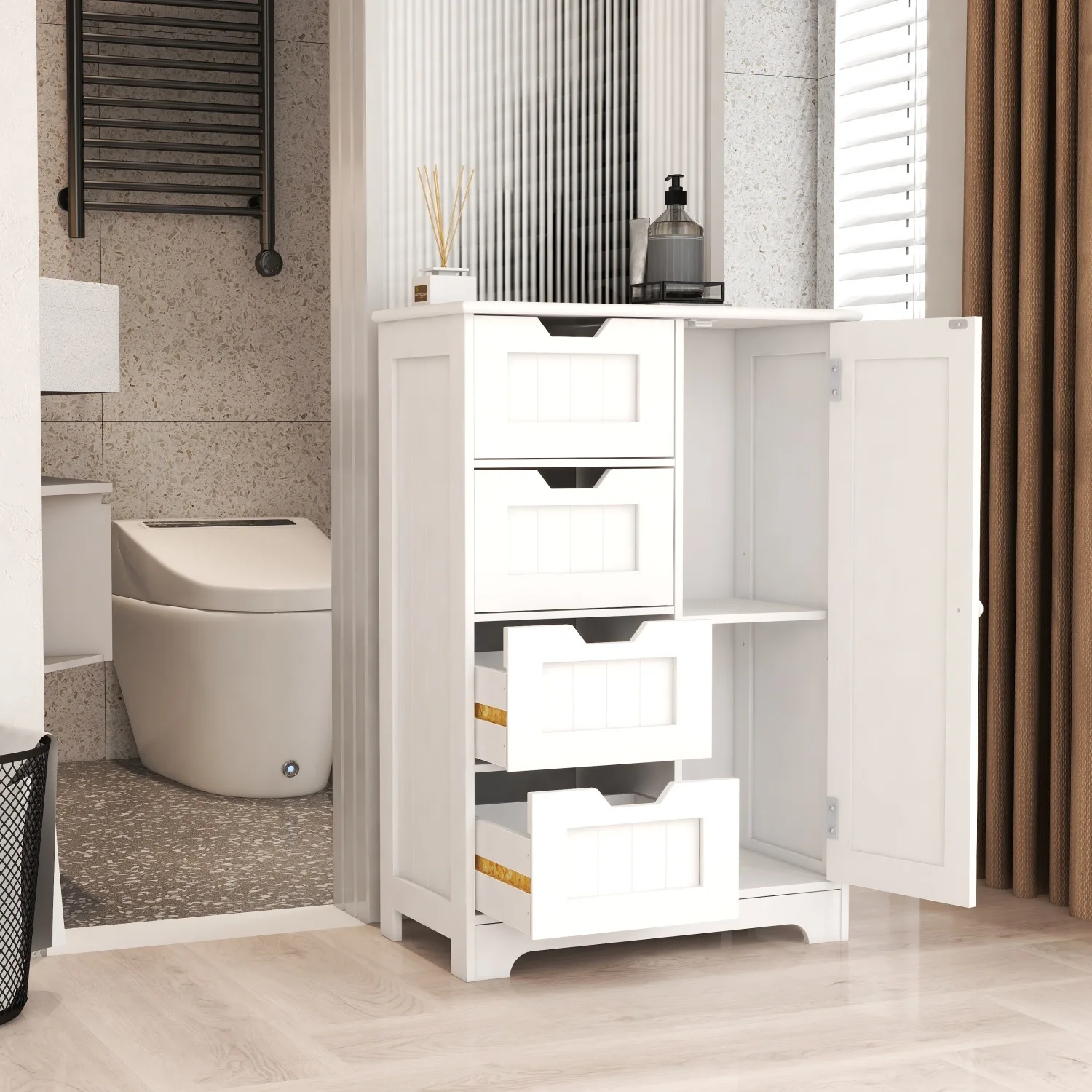 White Floor Storage Cabinet with Adjustable Shelves, 4 Drawers & 1 Door