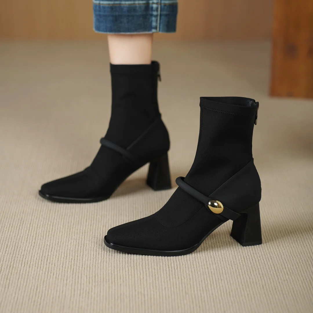 

Women's sheepskin stretch flock patchwork metal buckle square toe back zip autumn ankle boots elegant ladies thick heels shoes