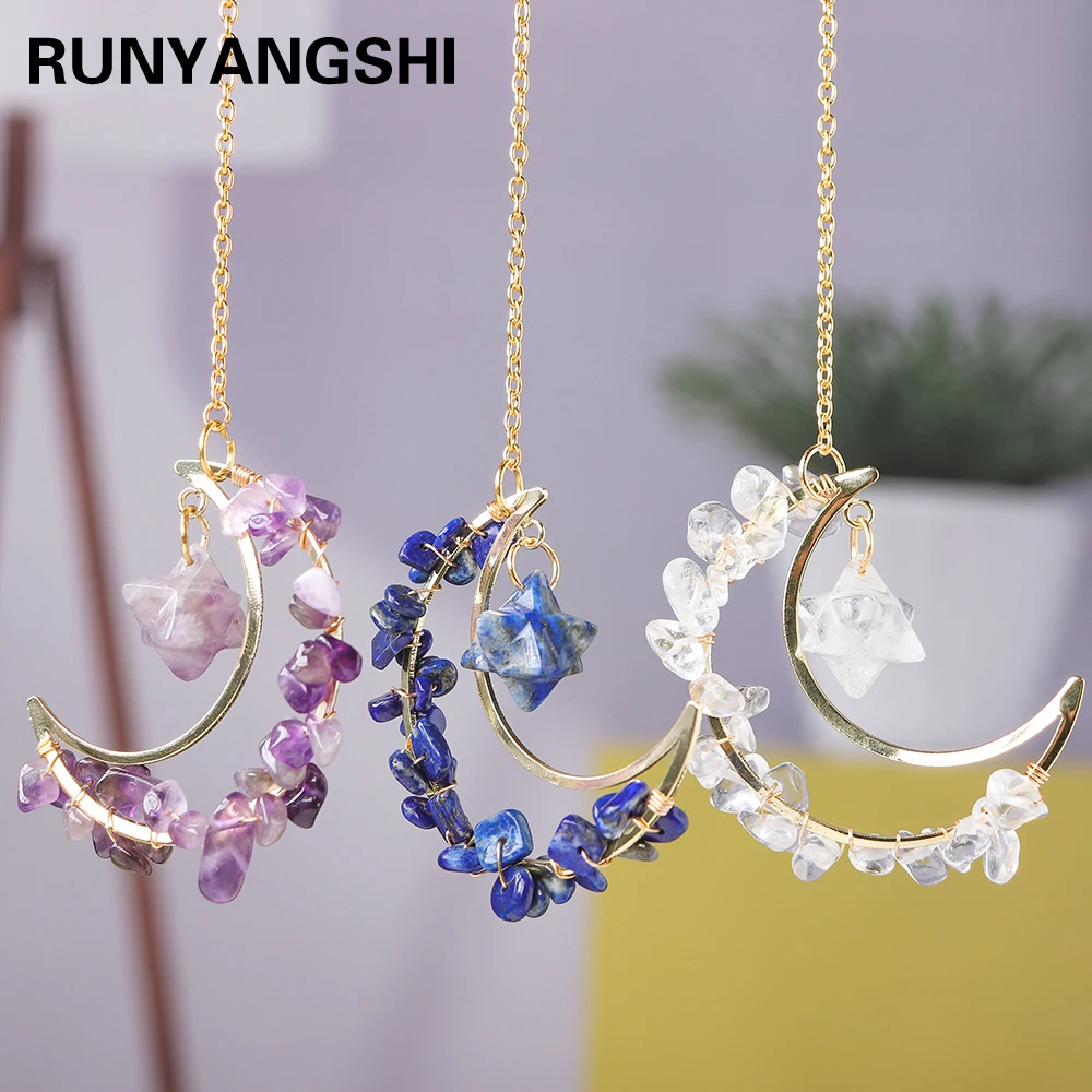 

Natrual Colorful Crystal Gravels Merkaba Moon Shape Pendant Healing Amethyst Rose Quartz Trendy Jewelry Car Hangging Home Decor