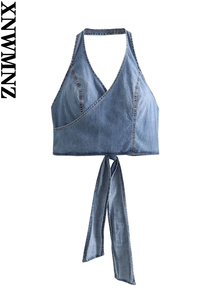 XNWMNZ Women's Fashion 2023 Denim Surplice Top Women's Vacation Style Halter Neck Open Back Tie Female Top