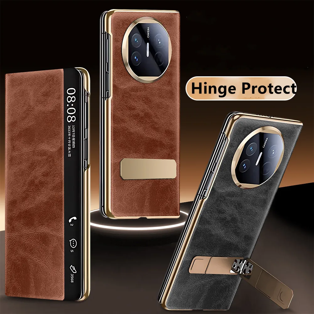 

Genuine Cowhide Leather Oil Wax Flip Case for Huawei Mate X5 X3 Window View Bracket Cover