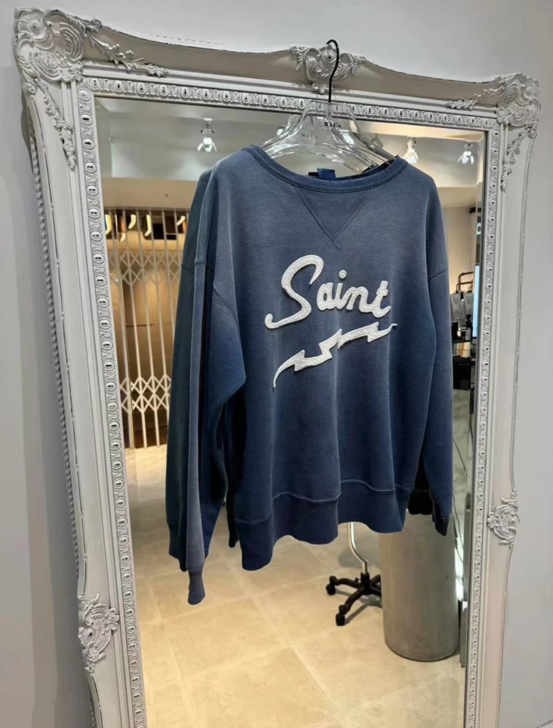 

Saint Vintage 25SS CRWN SWEAT round Ne Embroidered Distred Casual Men's Hoodie Comfortable Cotton Sweatirt