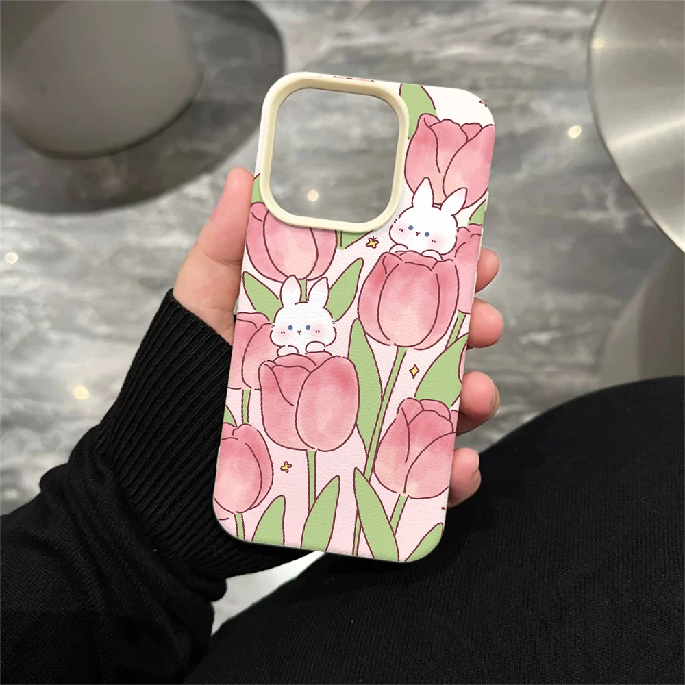 Rosa Tulpe Weißer Hase Handyhülle für iPhone 17 16 15 14 13 12 Pro Max 16 15 14 Plus 17 16 15 14 Pro 17Air Silikon Matte Hülle – Detail 5