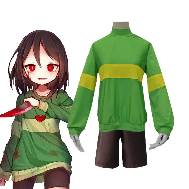 Spiel kostüme Under tale Frisk Chara Cosplay Kostüm Wandertail Sweatshirts High Collar Hoodie und Shorts Requisiten Messer Halskette