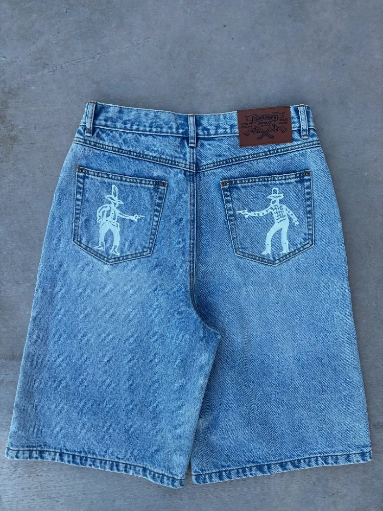 

Fashion Baggy Denim Shorts Y2K Graphic Print People PK Jorts Gothic Hip Hop High Street Streetwear Men Women Retro Baggy Pants