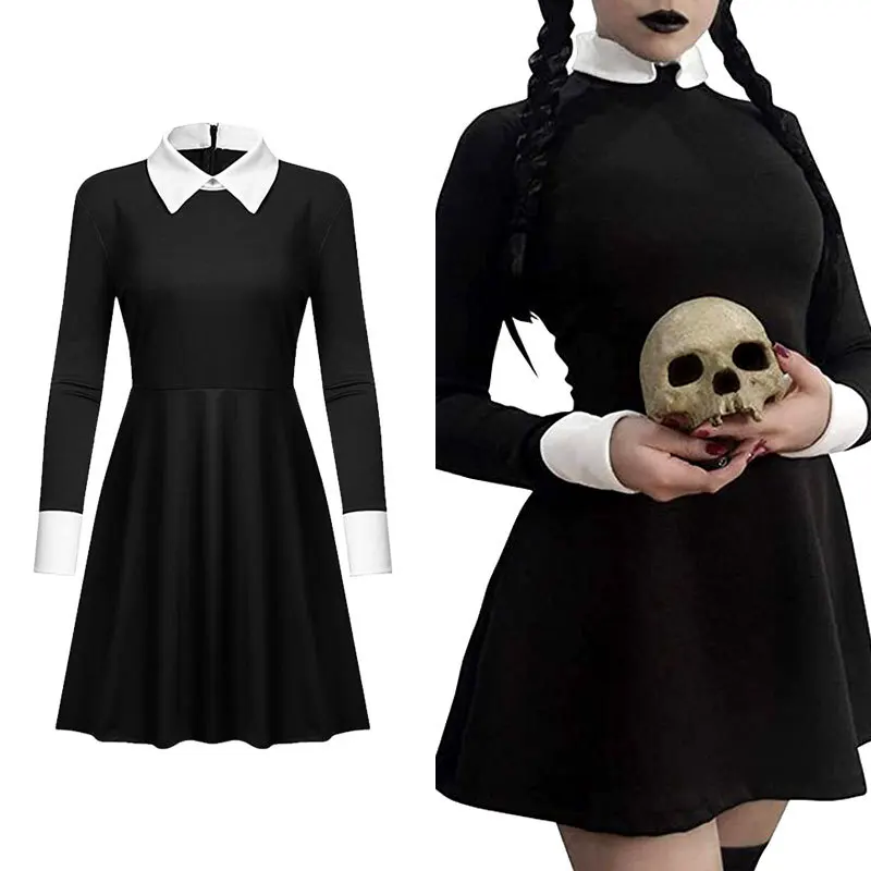 

Movie Addams Family cosplay costume Wednesday Addams black dress Dress with floral patternsHalloween costumes