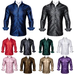 Camisas de seda masculina, azul, preta, vermelha, verde, branca, dourada, rosa, marrom, roxa, paisley flower, tops de manga comprida, primavera