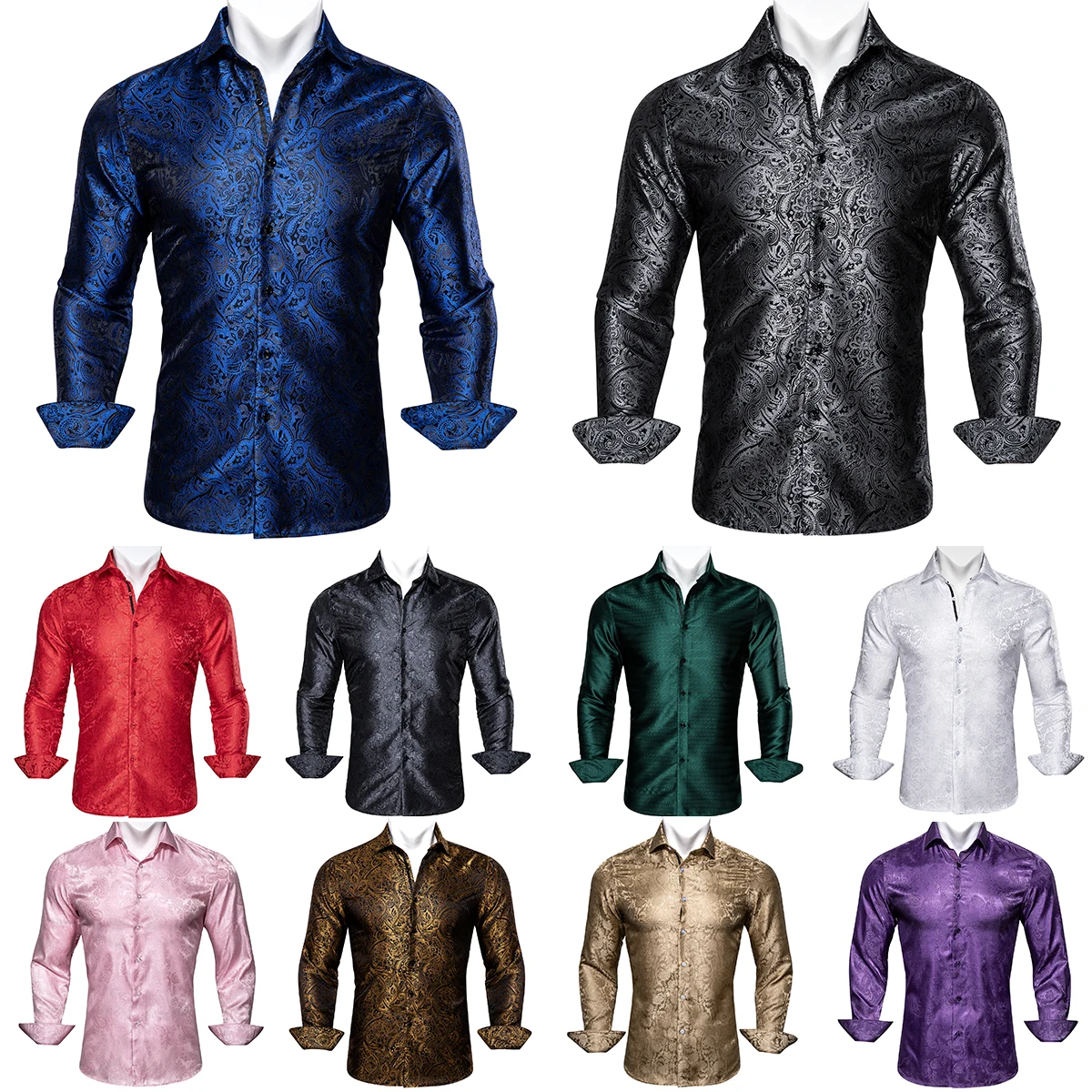 Designer Silk Shirts for Men Blue Black Red Green White Gold Pink Brown Purple Paisley Flower Long Sleeve Spring Slim Tops