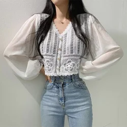 Button Up Chiffon Patchwork Lace Ladies Tops Summer Autumn Fashion Casual Hollowed Out Japan Style Women Blouses Cheap Wholesale