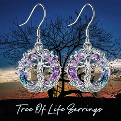 Tree of Life with Purple Crystal Drop Earrings Celtic Family tree Jewelry Gifts for Women Girls Mom Grandma Birthday Christmas