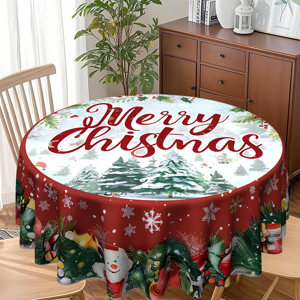 

1pcs Round Christmas Themed Printed Tablecloth Vintage Country Style Santa Claus Reindeer Pattern Birthday Holiday Tablecloth