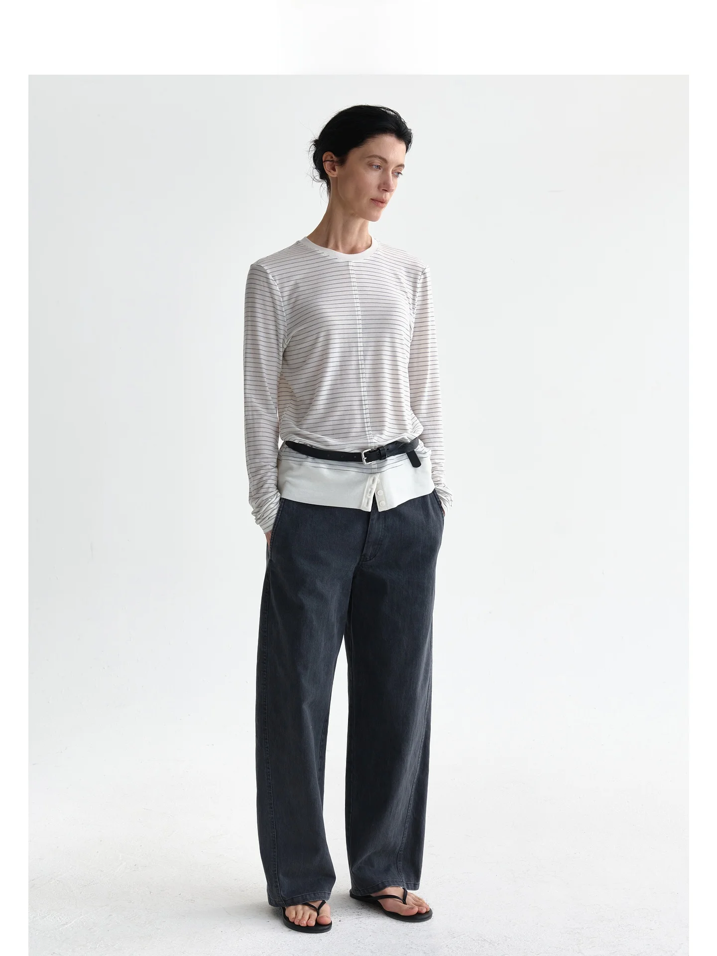 Soft  Wool Blend Striped Split Button T-Shirt Women's Commute Style Standard Fit Long Sleeve round Neck Classic Pattern