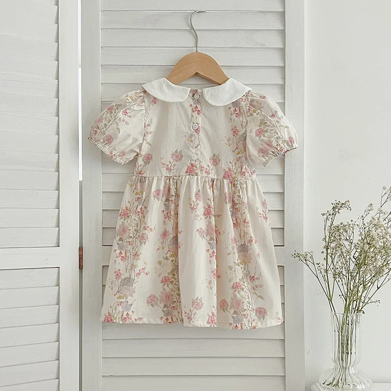 Fashion Girl Dress Pink Flowers Retro Lace Dress Cotton Princess Vestido Casual Round Neck Summer Dress New Sweet Kids Clothes