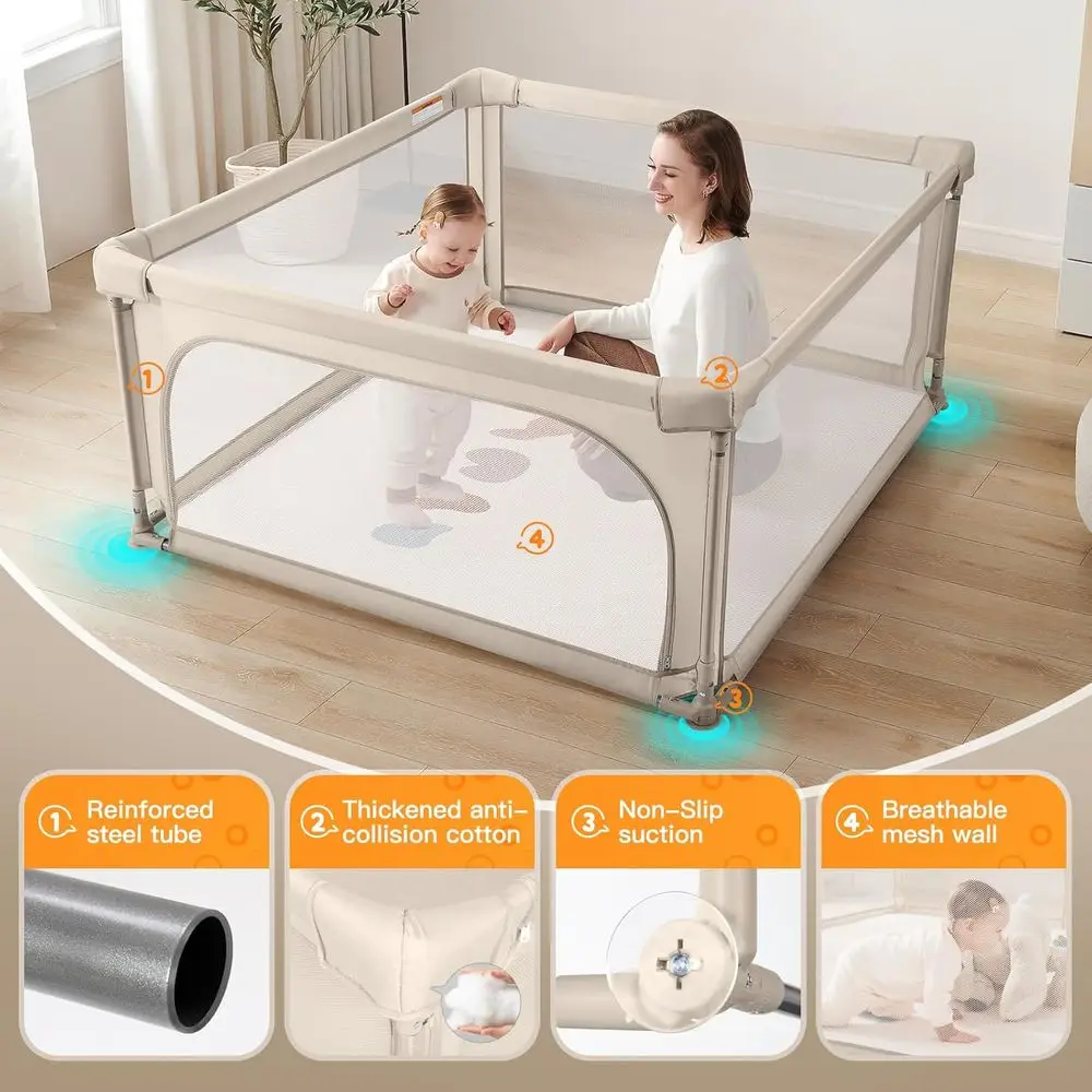 روضة أطفال قابلة للطي مقاس 47 × 47 مع باب بسحاب، منطقة لعب كاكي فاتح للرضع والأطفال الصغار #4