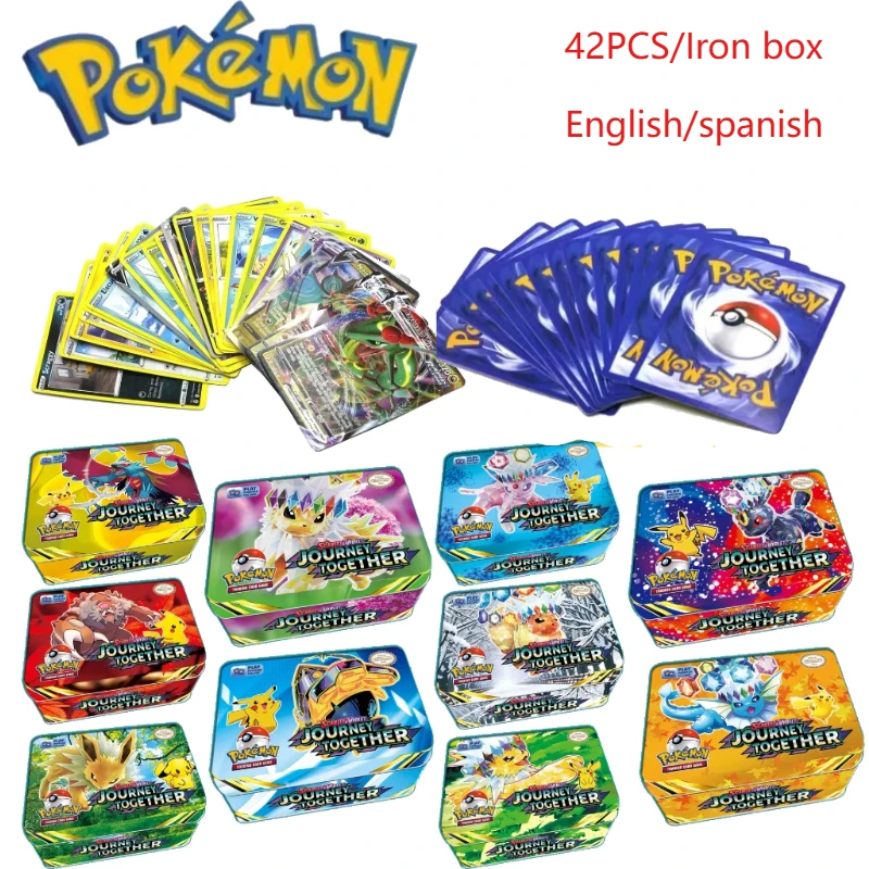 Nuevo 42 unids/set caja de Metal de hierro Pokemon viaje juntos tarjetas de batalla Pokemon caja con juego de Pikachu colección de tarjetas bancarias de Anime