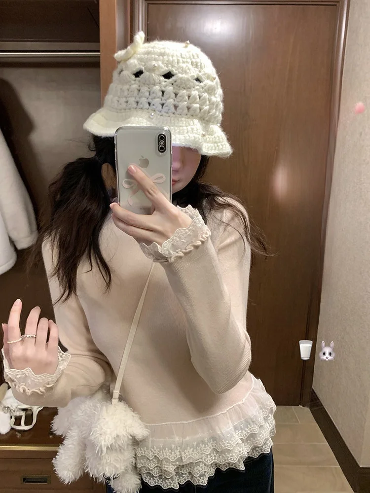 

PtonUmi High Collar Long Sve Women's Base irt Inner Wear Layering Formula Lace Knitted Top Winter Faion