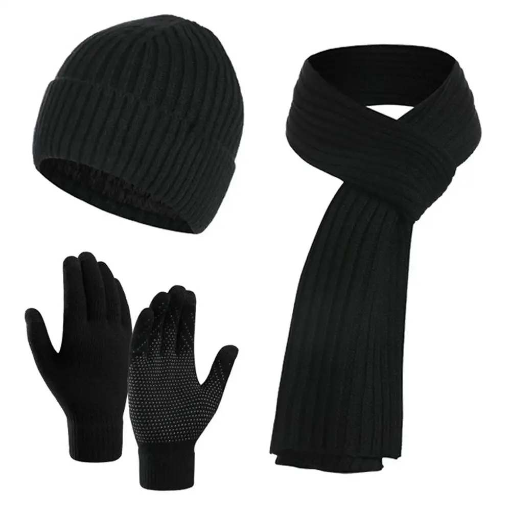 Fashion Thickened Beanies Scarf Gloves Set Unisex Winter Warm Beanie Hat Fleece-lined Knit Touchscreen Gloves for Cold Weather