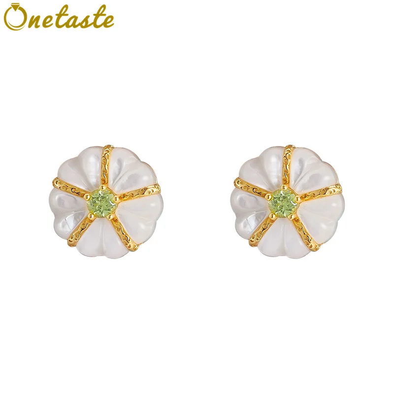 

White Mother of Pearl Natural Peridot 925 Sterling Silver Round Stud Earrings For Women 18K Gold Dainty Flower Chunky Earring