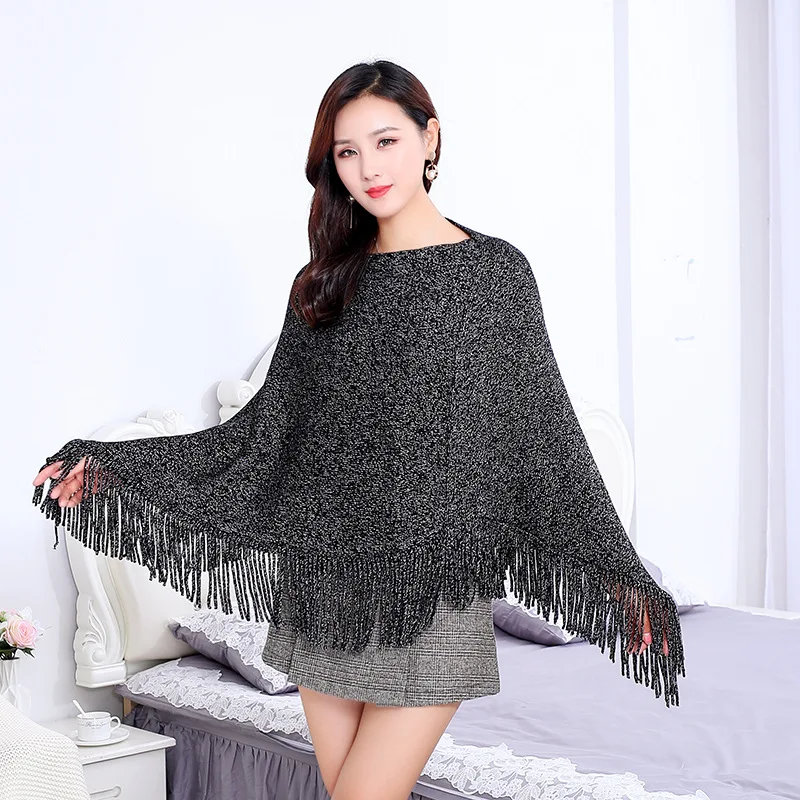 2024 New Spring Autumn Bright Silver Silk  Tassel Cloak Sleeveless Shawl Versatile Warm Sweater Women Poncho Fashionable Beige