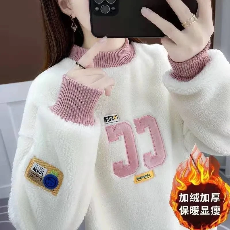 Engrossar camisola das mulheres 2025 novo outono inverno solto de pelúcia quente camisola o pescoço bordado pulôver oversized topo