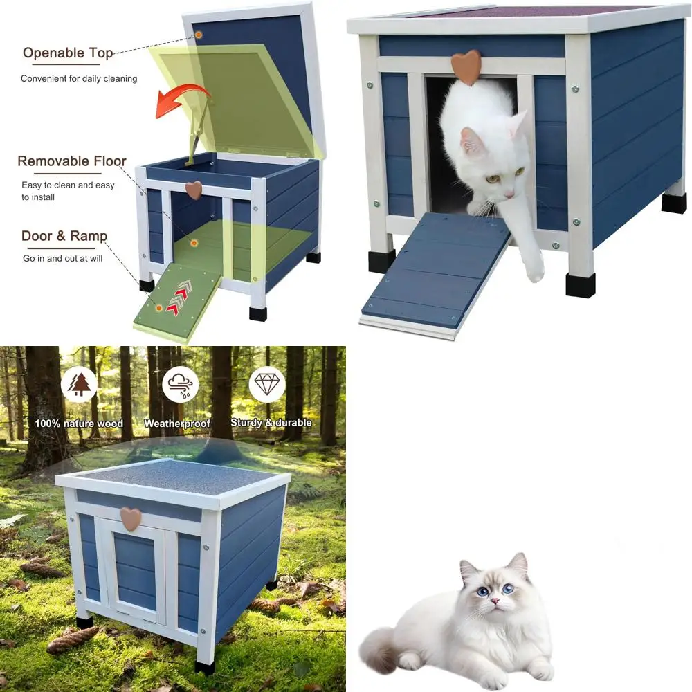 

Укрытие для кошек на открытом воздухе, устойчивое к атмосферным воздействиям, синее маленькое деревянное обитания домашних животных