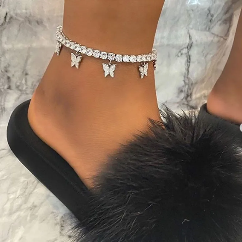 New Butterfly Anklet Rhinestone Tennis Chain Foot Chain Fashion Jewelry For Women Summer Vacation Beach Vacation Butterfly Barefoot Foot Chain Body Jewelry