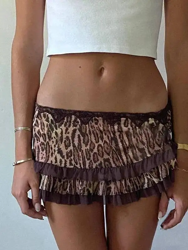 Y2K Skirt Leopard Drawstring Harajuku Streetwear Gothic Retro Mini Skirt Hip Hop Spicy Girls Low Rise Skirts Punk Fashion S7NG