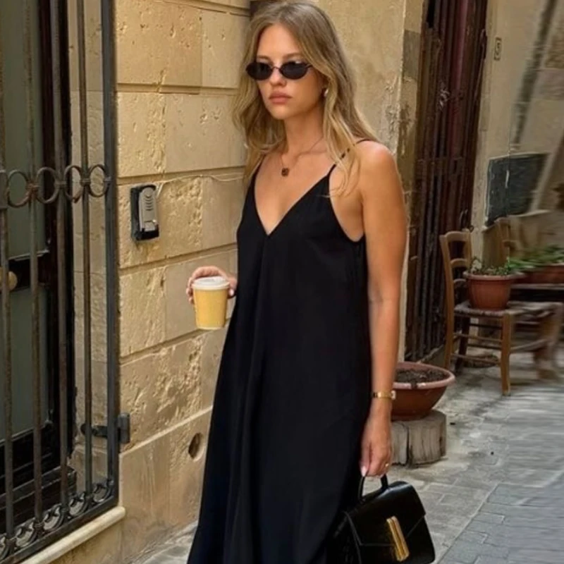 HXAO 2025 Womens Dresses Slip Long Dresses Elegant Green Red Black Dress V-Neck Sleeveless Backless Vestido Casual Women's Dress