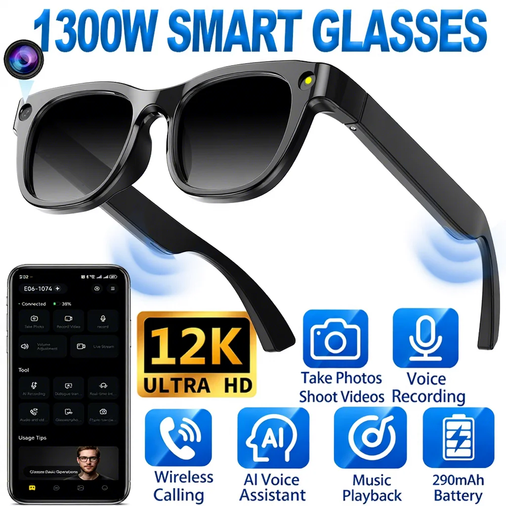 E06S Smart Glasses with 13MP Camera 1080P Recording Anti-Shake Hands-Free Call Music Voice AI Translation Sunglasses