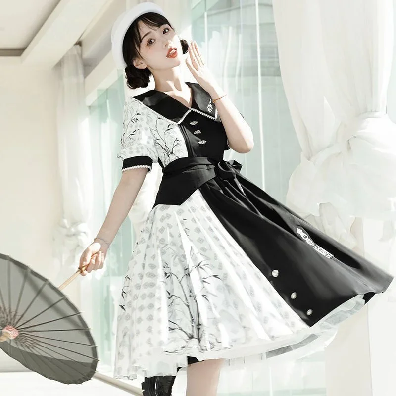 

Daily Hanfu Skirt Spring Black White Lolita 2025 new Chinese Element Short Sleeve Op Dress Improved Qipao Cheongsam