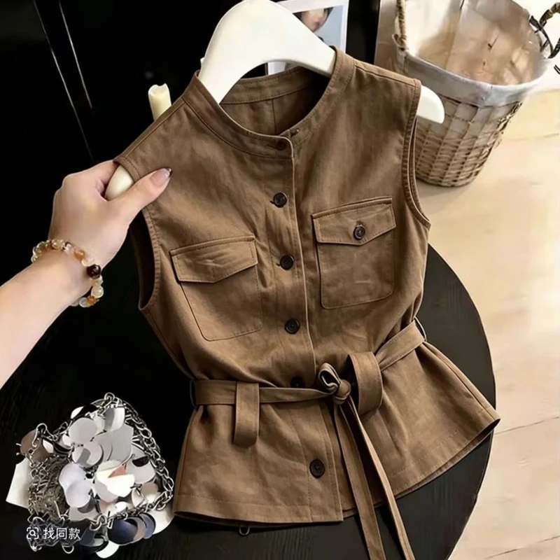 

Button Pockets Patchwork Solid Vintage Sleeveless Blouse Women Clothing New Summer Lacing Street Casual Shirt Tops Fashion Trend